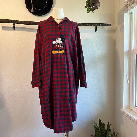 Vintage 90s Disney Mickey Mouse Red Cotton Flannel Sleep Shirt Size XL - Picture 1 of 12